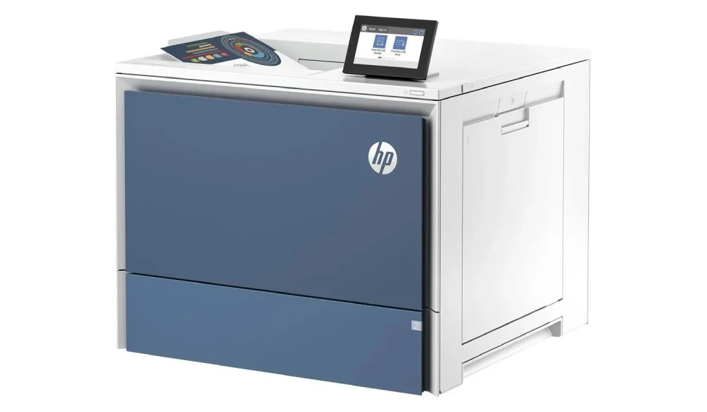 Kolorowa drukarka laserowa HP z niebieskim panelem przednim i dotykowym ekranem, format A4.