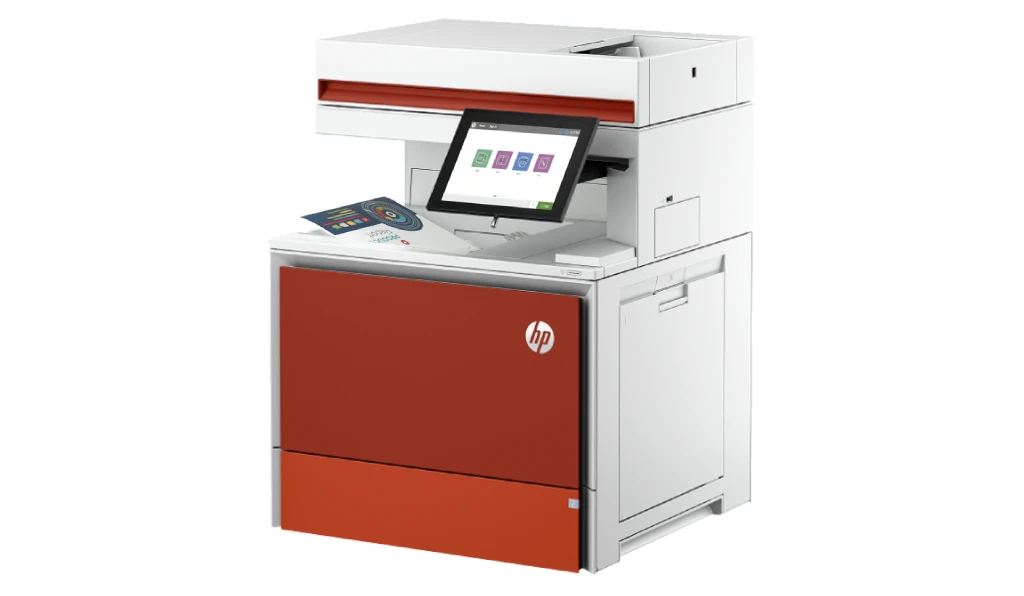 Kolorowe urządzenie wielofunkcyjne HP LaserJet z czerwoną obudową, format A4, z dotykowym ekranem.