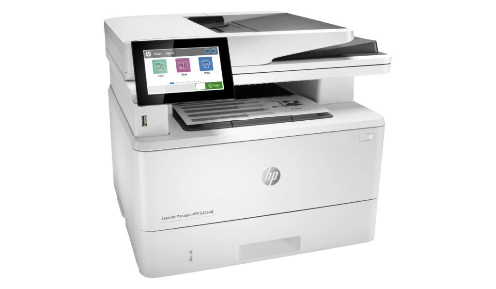 Monochromatyczne urządzenie wielofunkcyjne HP LaserJet Managed MFP E42540 z dotykowym ekranem i podajnikiem dokumentów.